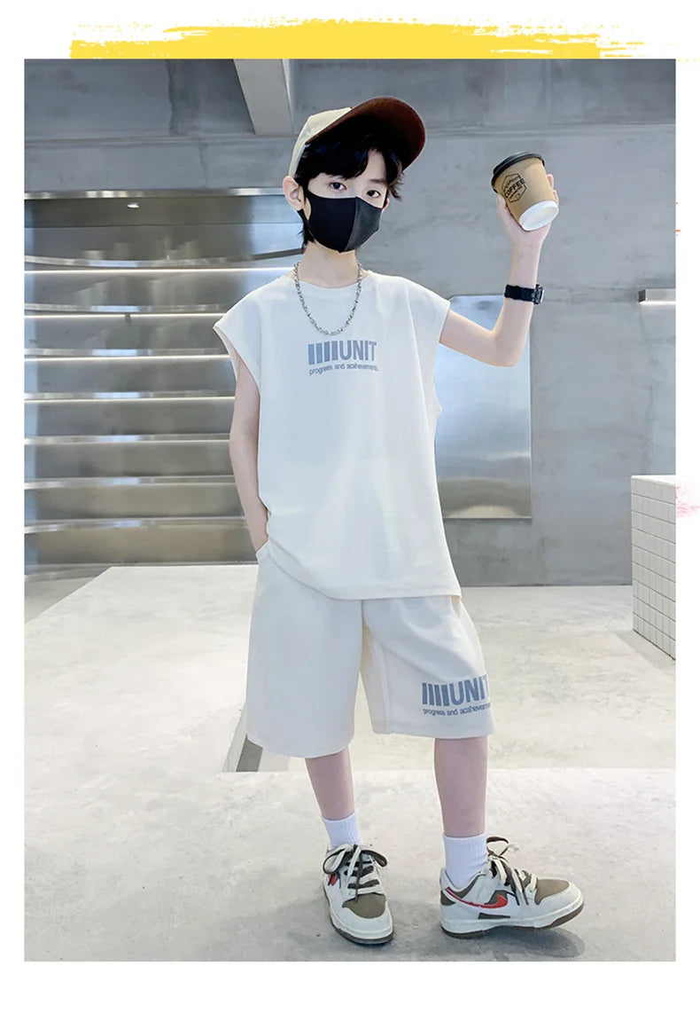 Big Child Cotton Summer Suit for Teens Boy Wing Print Cotton Tshirt + Shorts 2PCS Clothing Set Kids Adult Fashion Street Outfit
