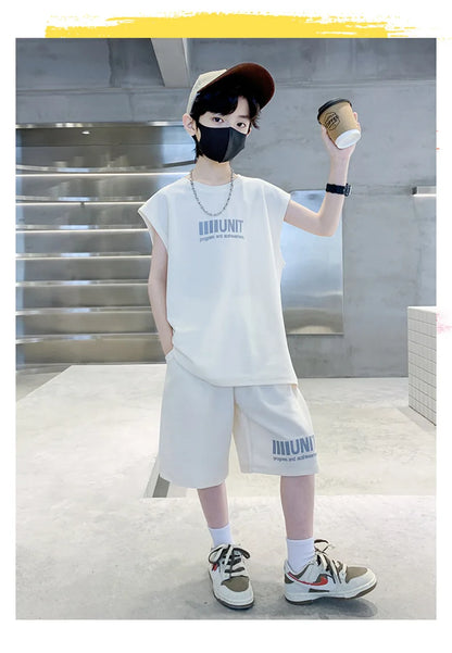 Big Child Cotton Summer Suit for Teens Boy Wing Print Cotton Tshirt + Shorts 2PCS Clothing Set Kids Adult Fashion Street Outfit