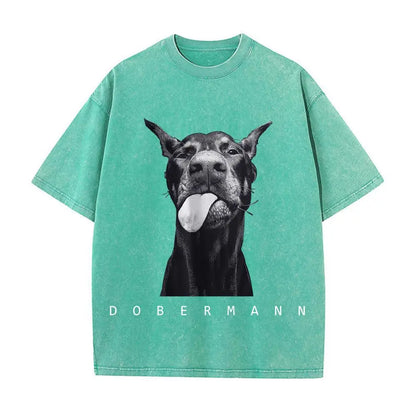 Camisetas femininas de algodão lavadas, moda criativa, estampa de Doberman, manga curta, gola redonda, folgadas, estilo destroyed, roupas femininas de rua
