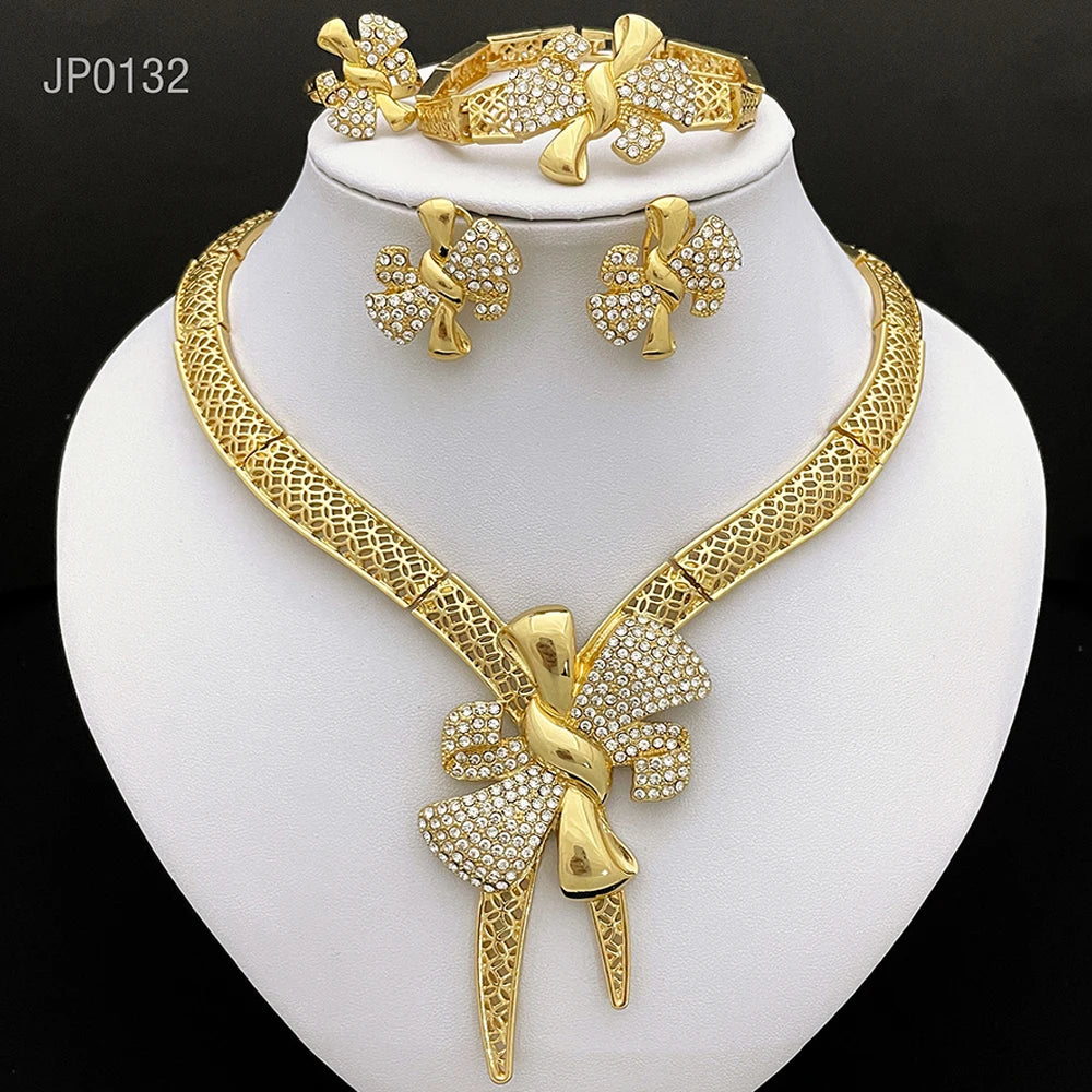 Conjunto de Joias Femininas Banhadas a Ouro 18k, Design Clássico, Colar, Brinco, Pulseira e Anel, Conjunto de 4 Peças, Joias para Festa de Casamento, Itália