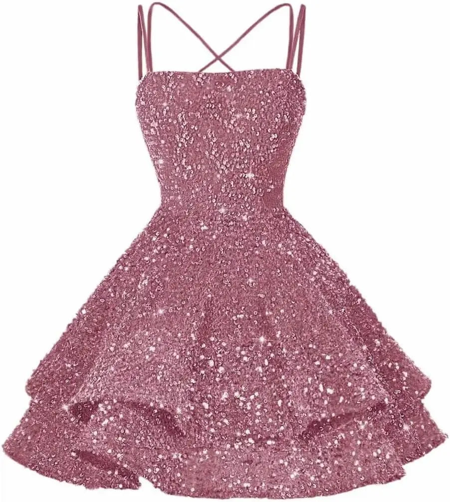 Sequin Short Square Neck Homecoming Dress for Teen Sparkly Prom Dress Sweet 16 Photo Shoot Cocktail Gowns Graduation Dress