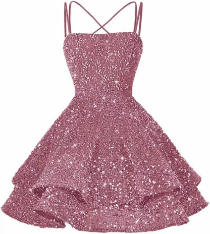 Sequin Short Square Neck Homecoming Dress for Teen Sparkly Prom Dress Sweet 16 Photo Shoot Cocktail Gowns Graduation Dress