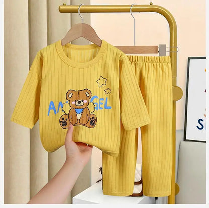 Cartoon Bear Print Tops+Trouser Fashion Home Clothing Boys And Girls Spring Summer 2024 New Sleepwear 2pcs Toddler Thin Suits