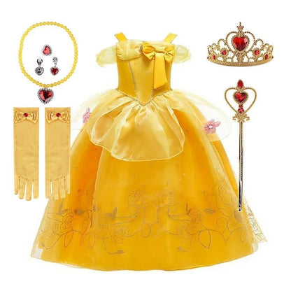 Girl Princess Dress Beauty And Beast Cosplay Costume Belle Praty Yellow Luxury Wedding Ball Gown Kid Carvinal Fancy Clothes