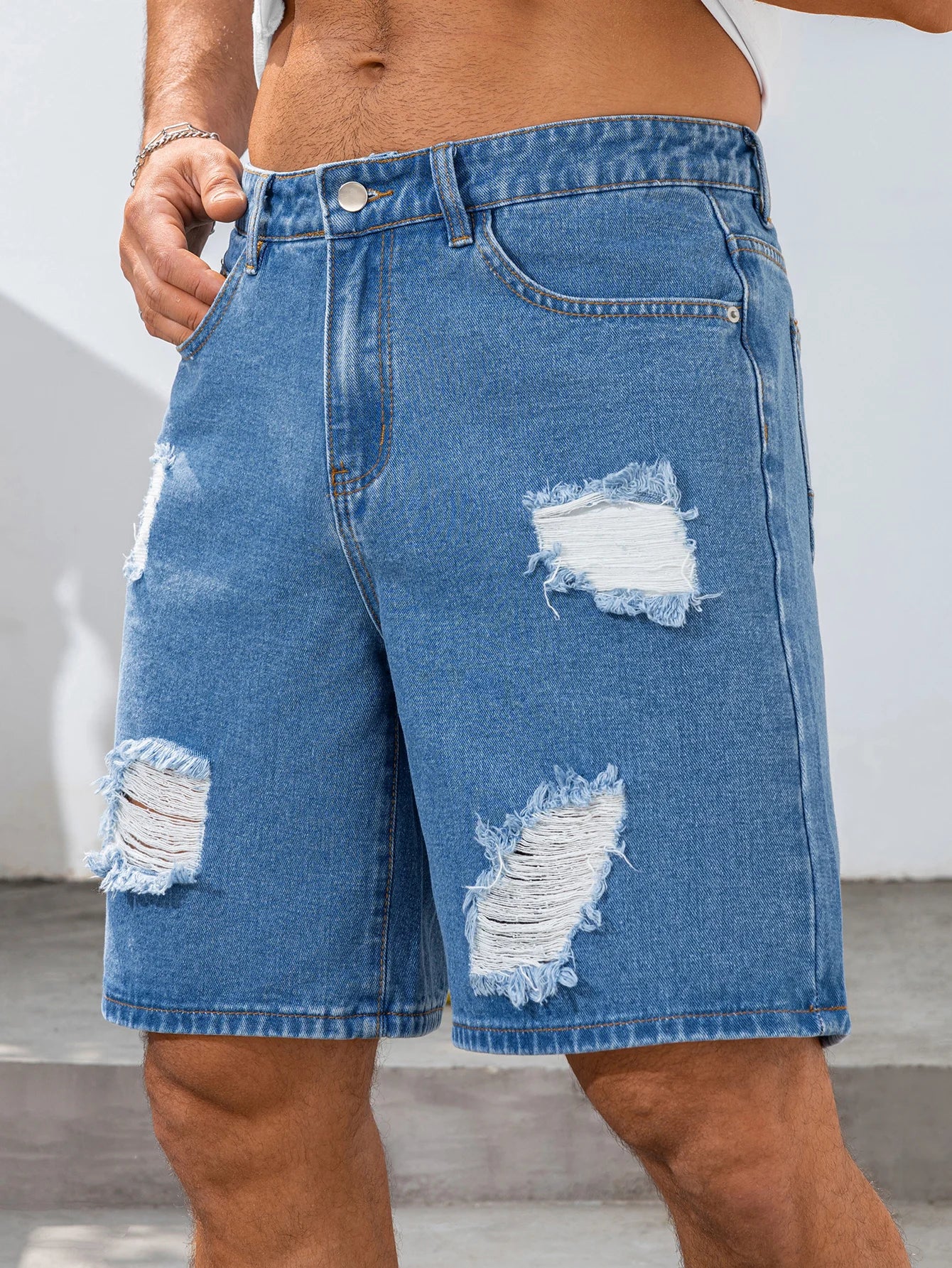 2026 Summer Men's Fashionable Blue Ripped Denim Shorts Loose Fit Non-stretch Fabric BlueWhite Simple Clean Cool Color Men Pants