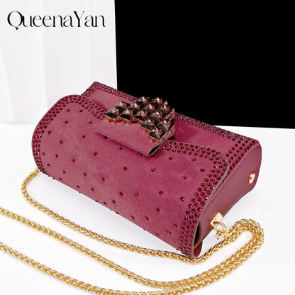 Elegant Coffee Color Pointed-Toe Italian Women's High-Heeled Shoe and Bag Set with Diamond Design for Parties