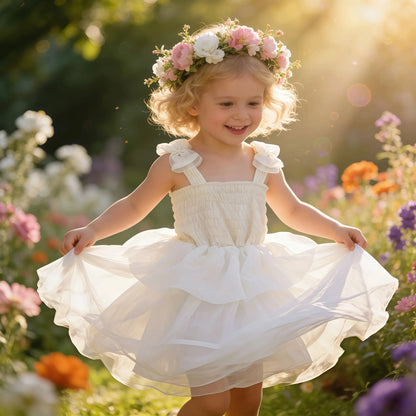 Summer White Bow Strap Princess Party Layered Dress Baby Clothes For Kids Birthday Skirt Toddler Girls Baptism Elegant Dress