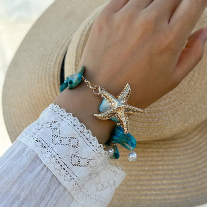 Retro Starfish White Shell Conch Pendant Necklace  Women 2024 Simple Creative Colorful Stones  Hand Woven beach Jewelry Girls