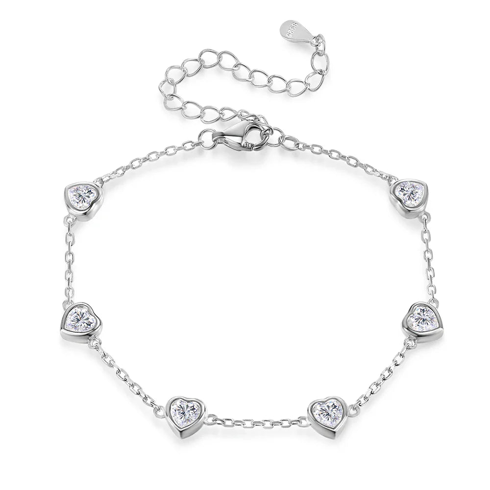 Certified 4mm Bezel Set Heart Cut Moissanite Diamond Bracelets for Women 100% S925 Silver Charm Bracelet Wrist Chain Adjustable
