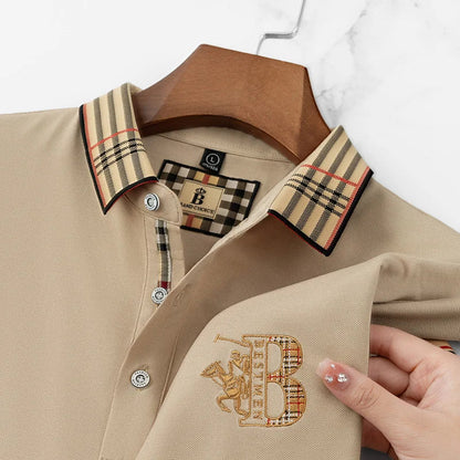 Summer novel men's high-end lace collar B-shaped short sleeved polo shirt, comfortable and casual business T-shirt