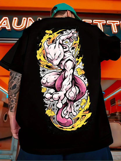 Animation Derivatives Mewtwo Printed Short Sleeve T-Shirt Men's and Women's 2025 Summer Fashion Casual Cotton Clothing