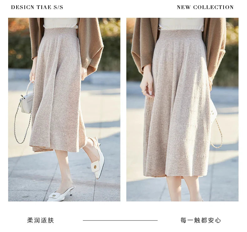 Autumn And Winter High Waist 100% Pure Wool Skirt Female Slim Long Knitted Wool Skirt Loose Wearing A-Line Skirt