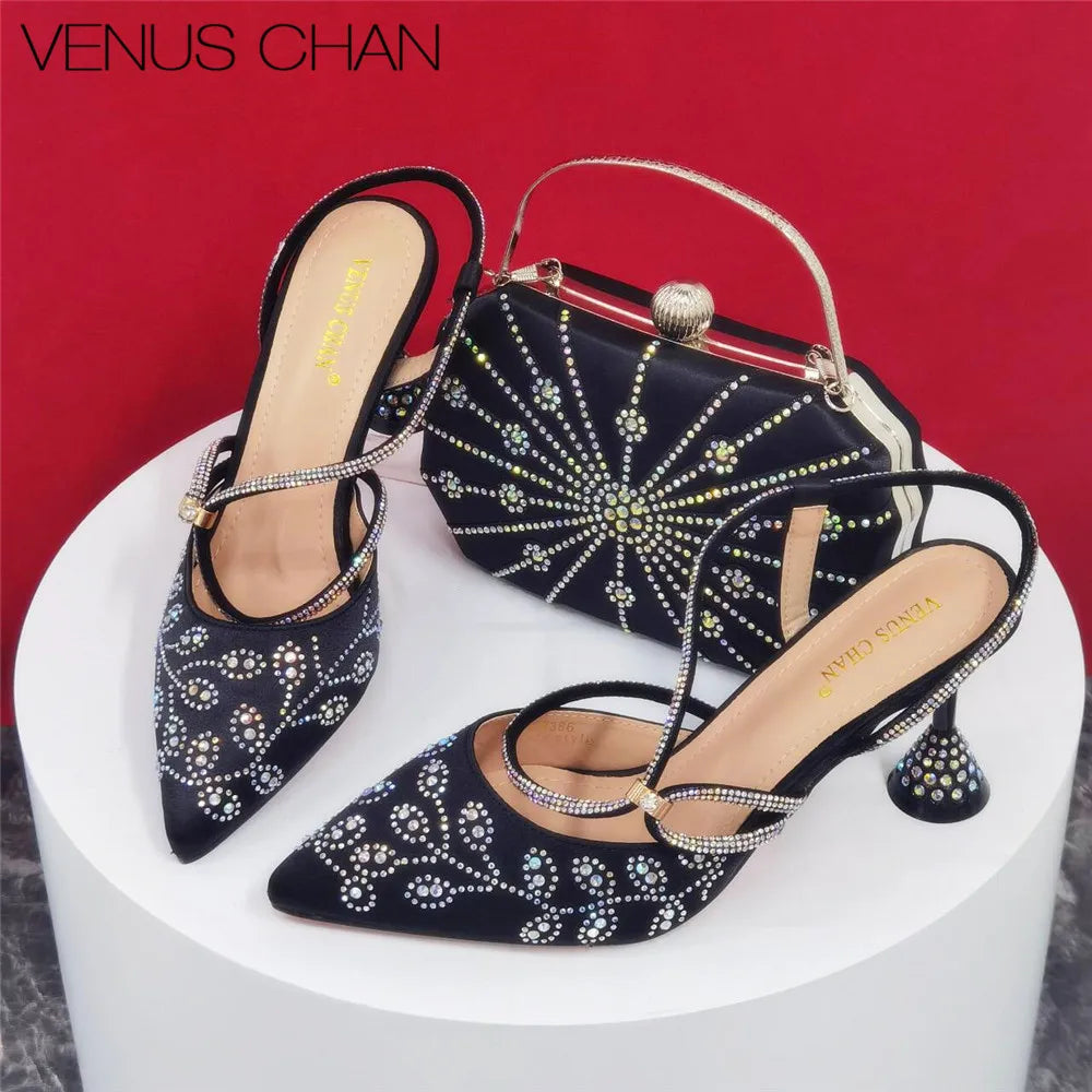 2025 Summer New Design Specials Italian Women Shoes and Bag Set Wine Color Comfortable High Heels With Rhinestone