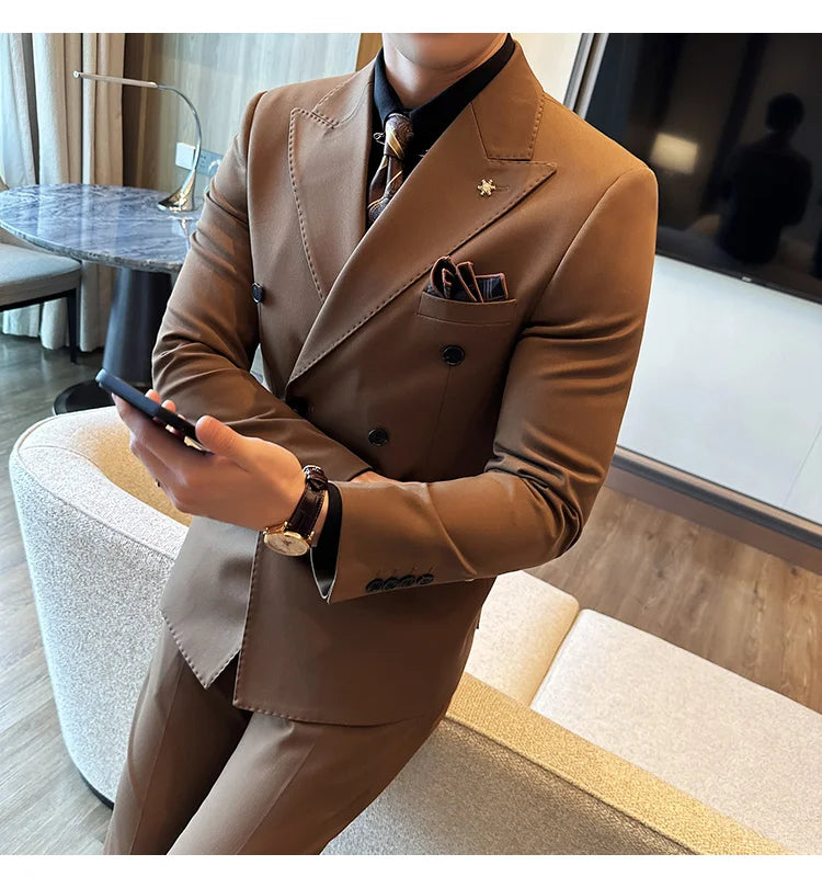 (Jackets+Pants) Luxury Double Breasted Design Slim Fit Suit High Quality Fashion Men's Wedding Social Suit Tuxedo 2 Piece Set