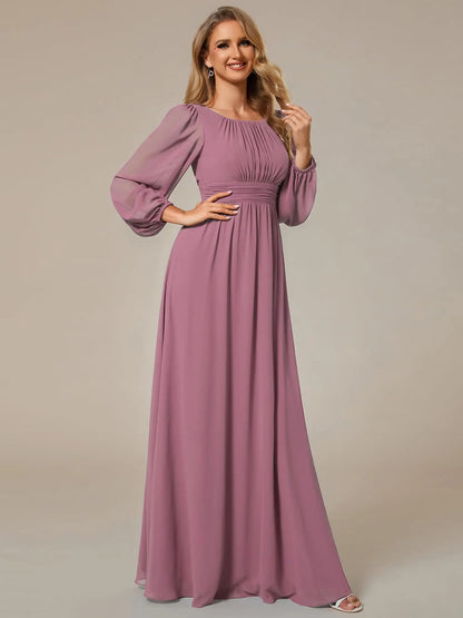 Women's Crewneck Lantern Sleeves Bridesmaid Dresses For Wedding Flowy A-Line Pleated Floor Length Chiffon Formal Evening Dresses