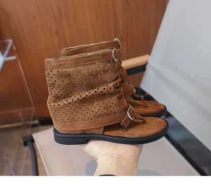 Ankle-strap Summer Slouchy Boots for Girls Suede Leather High-top Sandals Princess Cut-outs Flip Flop Dress Shoes Child J03203