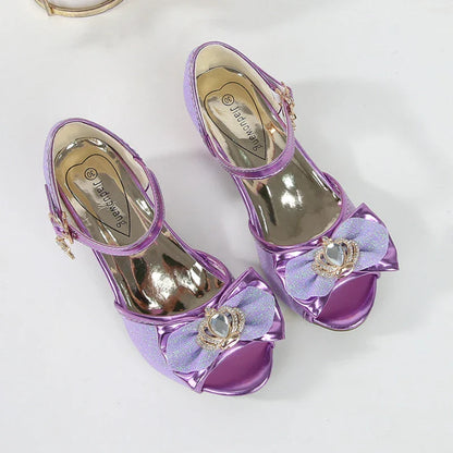 New Girl's High Heel Shoes for Kids Party Wedding Fashion Princess Causal Dress Shoes Sequins Versatile Children's Crown Sandals