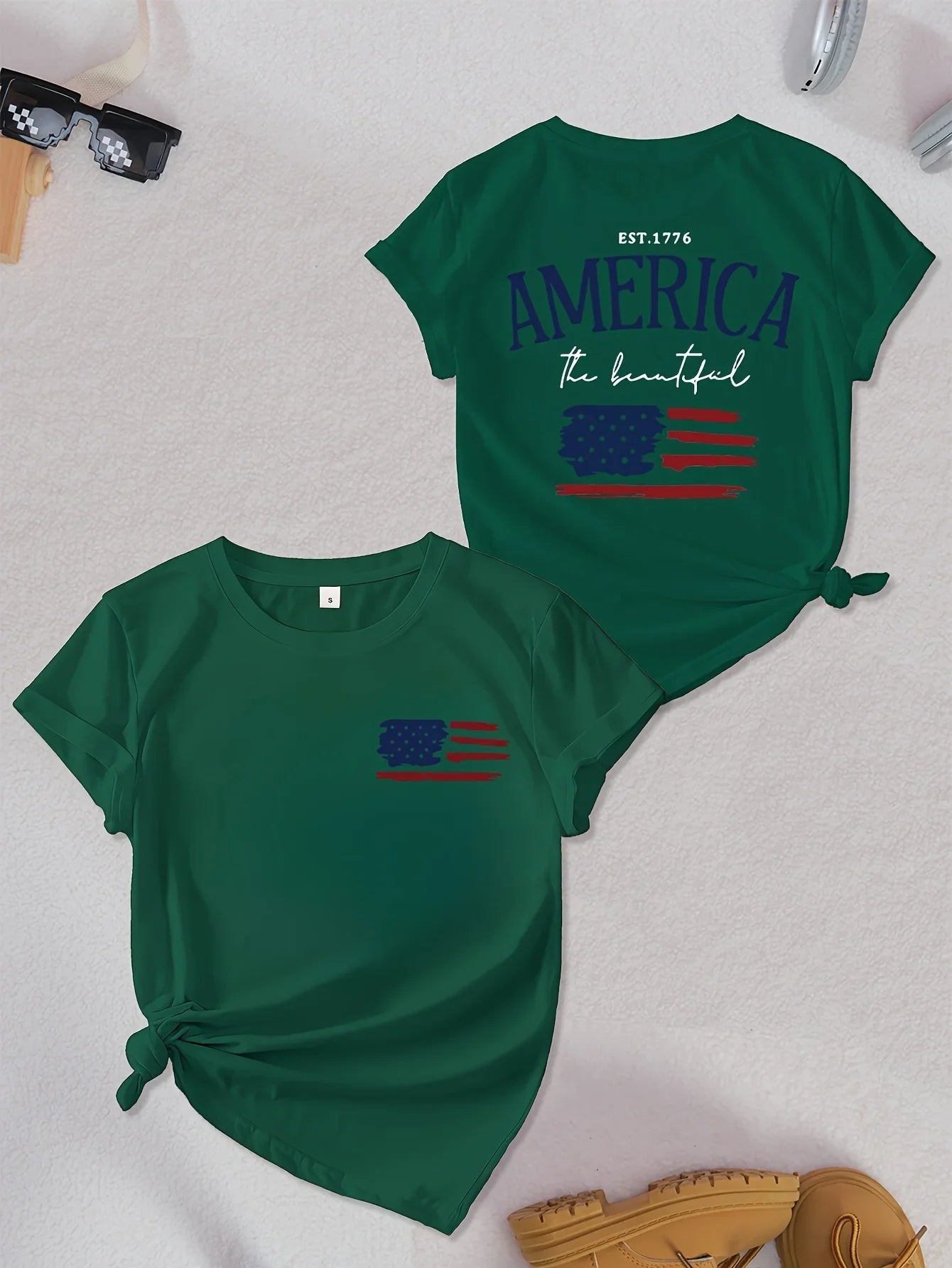 American Flag Print T-Shirt Independence Day Short Sleeve Crew Neck Casual Top For Summer & Spring Women's Clothing