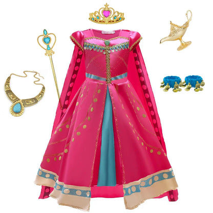 Princess Costume for Girls Arabian Dress for Kids Aladdin Cosplay Christmas Halloween Party with Gloves Crown Wand Accessories