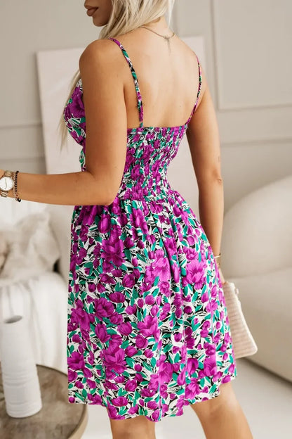 New Fashion Women's  Summer Wrap Pleated Dresses Ladies Floral Print Sexy Spaghetti Strap Sling DressBeach Dress A Line Sundress
