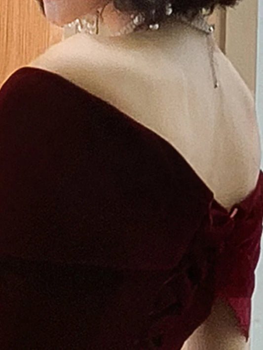 Spring Long Luxury Elegant Wine Red Soft Velvet Evening Party Wedding Dresses for Women 2022 Off Shoulder Maxi Dress