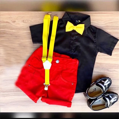1-5years Toddler Boys Gentleman Suits Summer Short Sleeve Bowtie Lapel Shirt + Bib Shorts Set Kids Boys Summer Casual Sets