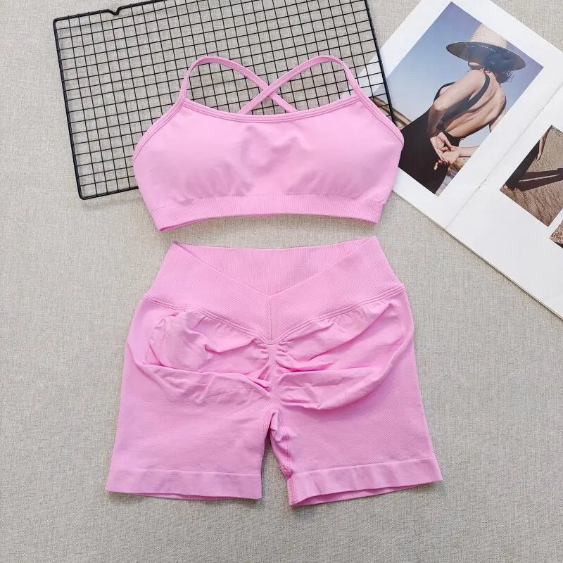 Women's Seamless Quick Dry Fitness Set Sports Bra And Hip Lifting V-Waist Yoga Shorts Pilates Training Clothing Gym Set