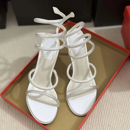 Luxury Rhinestones Snake Coiled Stiletto Heeled Women Gladiator Sandals 2024 Summer Silver Sole High heels Banquet Wedding Shoes