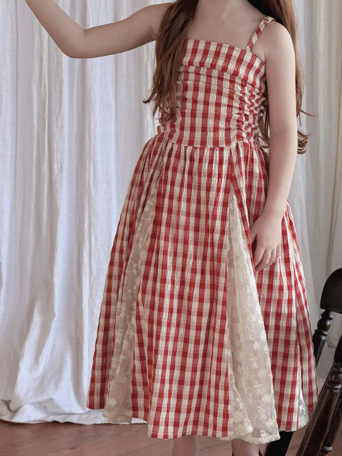 2025 Summer New Children Fairy Long Dress for Girls French Red Checkered Lace Splicing Lace Strap Dress