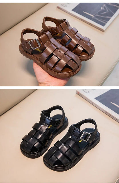 Children Hollow Out Shoes Boys Girls Roman Shoes British Style Non-slip Fashion Kids Toes Capped Shoes Peep Toe Solid Color