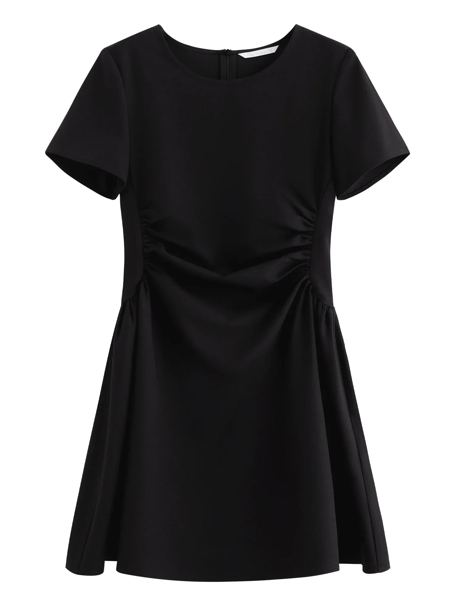 Summer Women's Black Midi Dress, Crew Neck Short Sleeve Waist-Cinching Slim Fit Black Dress for Chic Minimalist Style