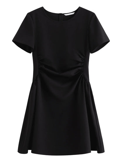 Summer Women's Black Midi Dress, Crew Neck Short Sleeve Waist-Cinching Slim Fit Black Dress for Chic Minimalist Style