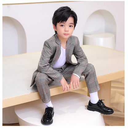 Spring Autumn Kids Boys Suits Elegant Children Boys Plaid Blazer Pant Suits Outfits Set Young Teenager Boys Formal Wedding Suits