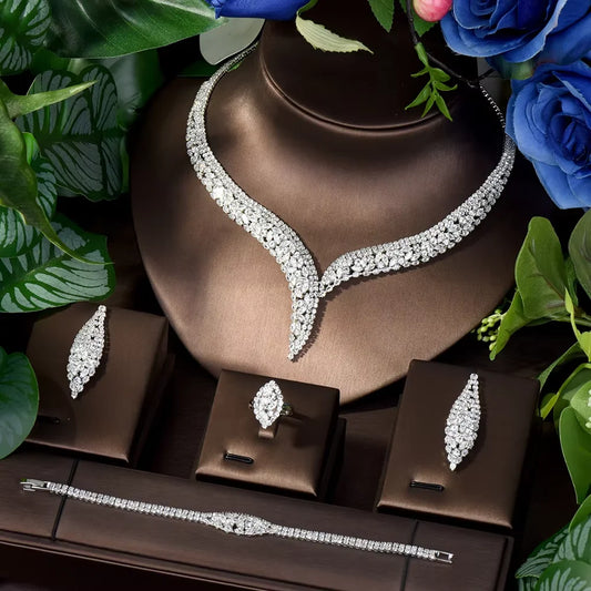 Costume Show Jewellery Geometric Set Cubic Zirconia Deluxe Large Necklace and Earrings Bridal Wedding Dating Accessories S-350