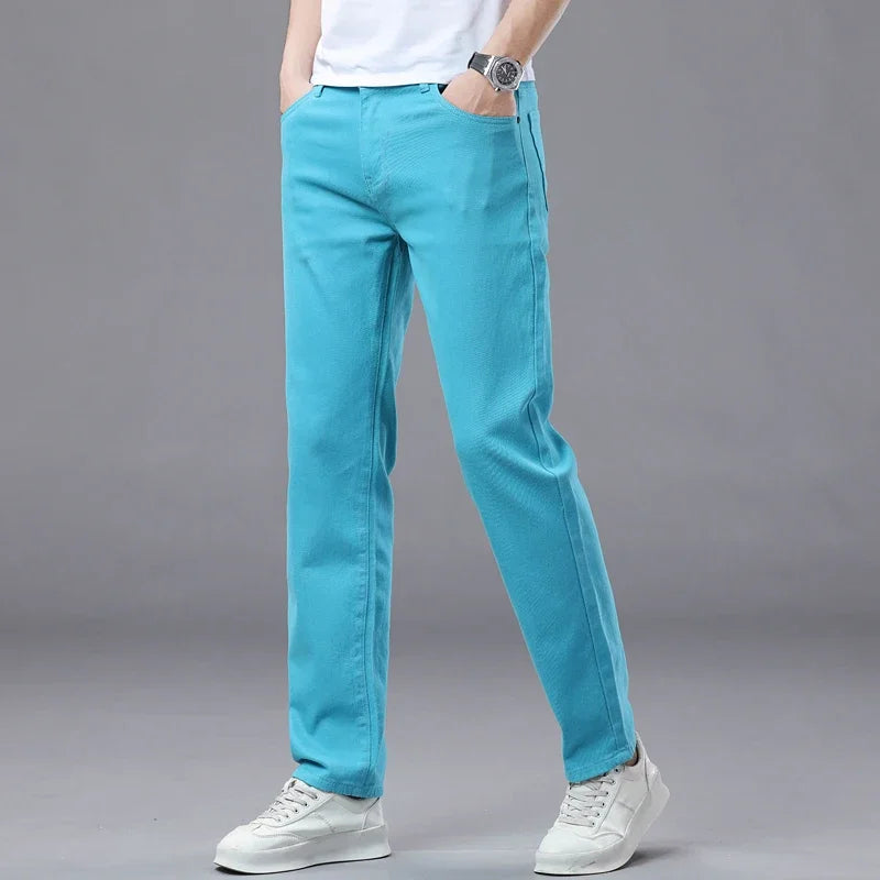 Calça Jeans Masculina Slim Elástica Colorida Estilo Coreano Primavera Outono Macia Confortável Casual Reta Denim Streetwear