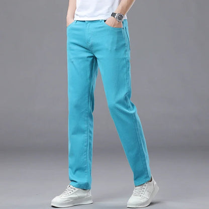 Calça Jeans Masculina Slim Elástica Colorida Estilo Coreano Primavera Outono Macia Confortável Casual Reta Denim Streetwear