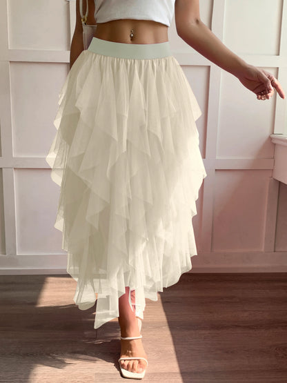 Medium waist chiffon long skirt for women, irregular layered pleated edge layered cake skirt, elegant fairy A-line skirt