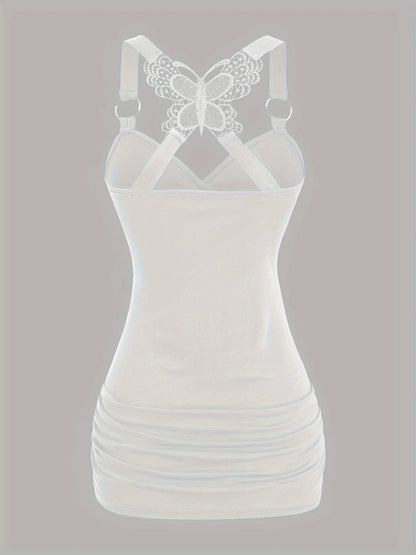New European and American women's pleated suspenders butterfly lace cross vest in spring and summer of 2024