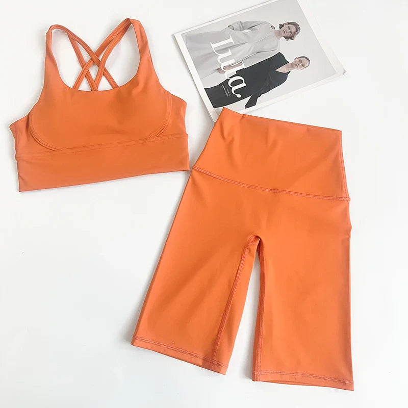 2 Pieces Yoga Shorts Gym Sports Sets Women Fitness Suits Cross Back Bra Top High Waist Shorts Running Workout Tracksuit👚👍️