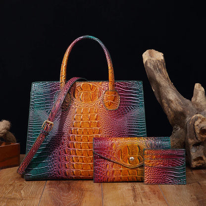 3 Pcs Crocodile Pattern Handbag & Purses Set, Multi-functional Vintage Top Handle Crossbody Bag & Business Clutch Bag & Card Coi