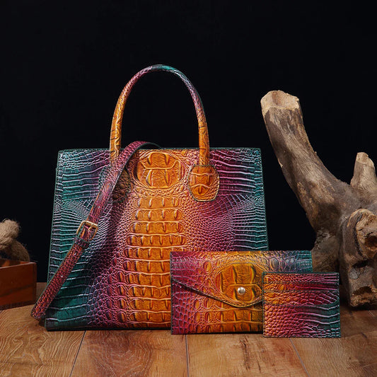 3 Pcs Crocodile Pattern Handbag & Purses Set, Multi-functional Vintage Top Handle Crossbody Bag & Business Clutch Bag & Card Coi