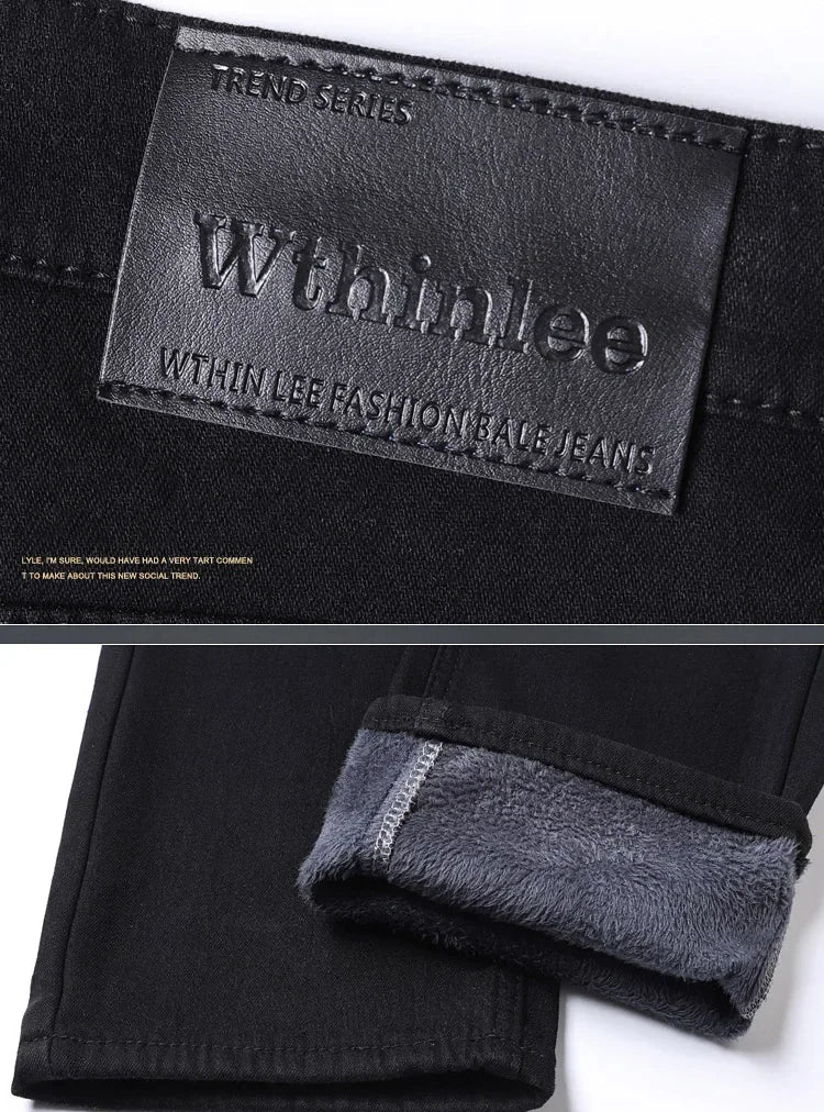 Men New Winter Classics Fleece Thick Warm Jeans Men's Loose Straight Elastic Denim Pants Casual Plush Trousers Large Size 28-40