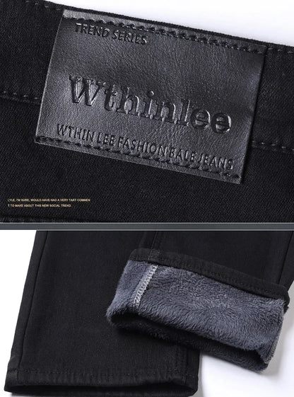 Men New Winter Classics Fleece Thick Warm Jeans Men's Loose Straight Elastic Denim Pants Casual Plush Trousers Large Size 28-40