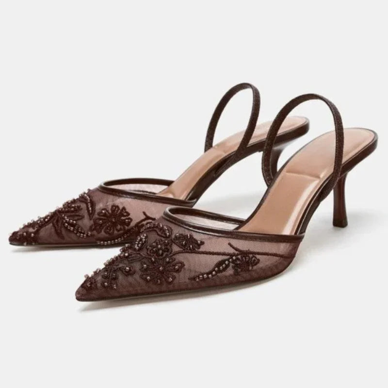 Luxury Mesh String Bead Design High Heels Women High Quality Hand Embroidery Heeled Sandals Elegant Banquet Slingback Dress Shoe