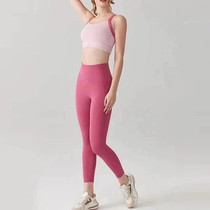 Women's Color-Block Quick-Drying Yoga Fitness Suit Cross-Back Sports Bra High-Waist Hip-Lifting Pants Gym Workout Ensemble