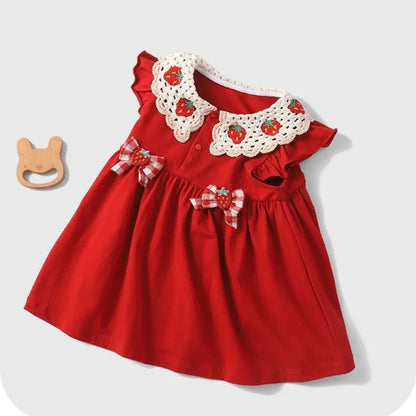 2026 Summer New Style Girls Sleeveless Dress Fashion Strawberry Turn-down Collar Kids Princess Dresses Child Red Party Clothes