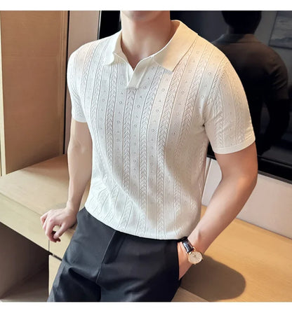 Men's Polo Shirt, Striped Jacquard Knit Short Sleeve, T-shirt V-neck Solid Color Elastic Top 2024. M-3XL,Summer Purple Thin