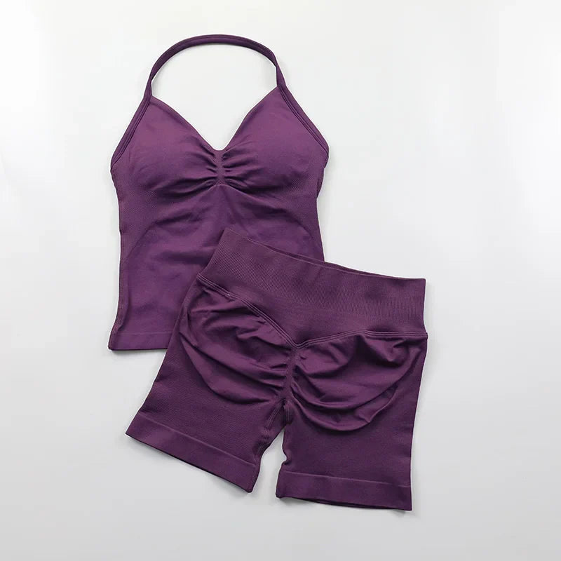 Yoga Longline Strappy Top Leggings Set Women's Backless Camisole Built-In bra Vest High-Waisted Hip Lift Gym Shorts Sports Set