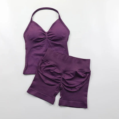 Yoga Longline Strappy Top Leggings Set Women's Backless Camisole Built-In bra Vest High-Waisted Hip Lift Gym Shorts Sports Set