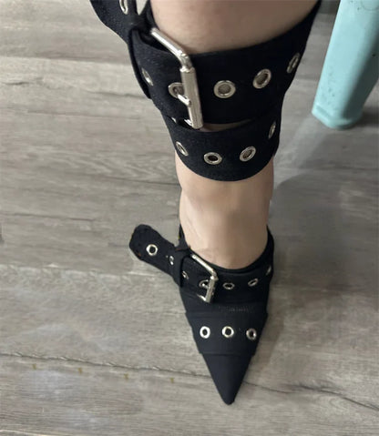 Denim Metal Rivet Buckle Silver Sandals Women's Sexy Punk Style Pointed Metal Hollow 12cm High Heels Size 34-43 Womens Shoes